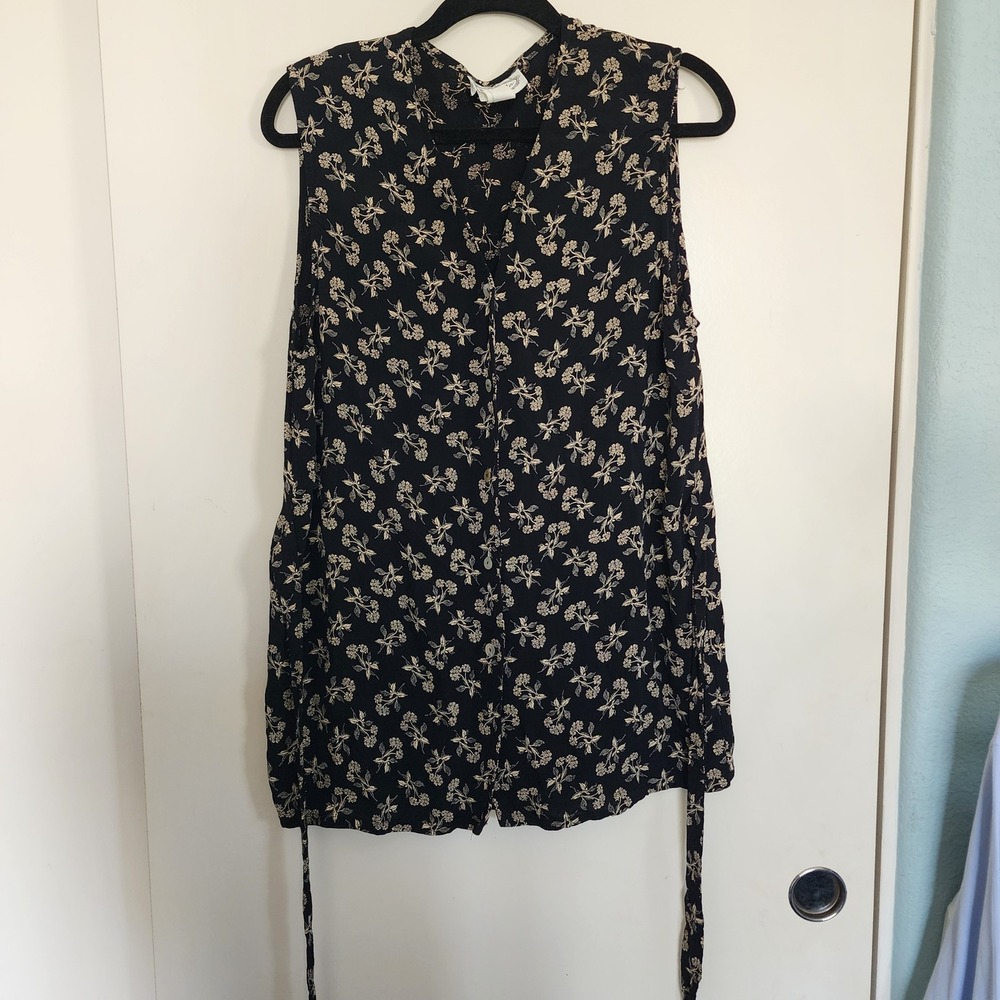 VTG Mevisto Floral Sleeveles Blouse Womens 12 Navy Blue Excellent Side Tie Rayon